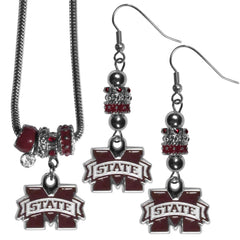 Mississippi St. Bulldogs Euro Bead Earrings and Necklace Set - Flyclothing LLC