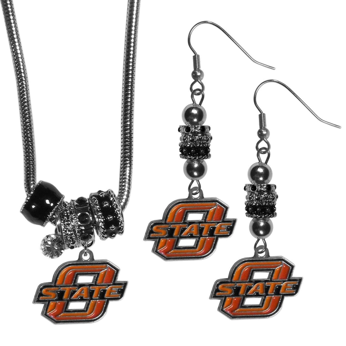 Oklahoma St. Cowboys Euro Bead Earrings and Necklace Set - Flyclothing LLC