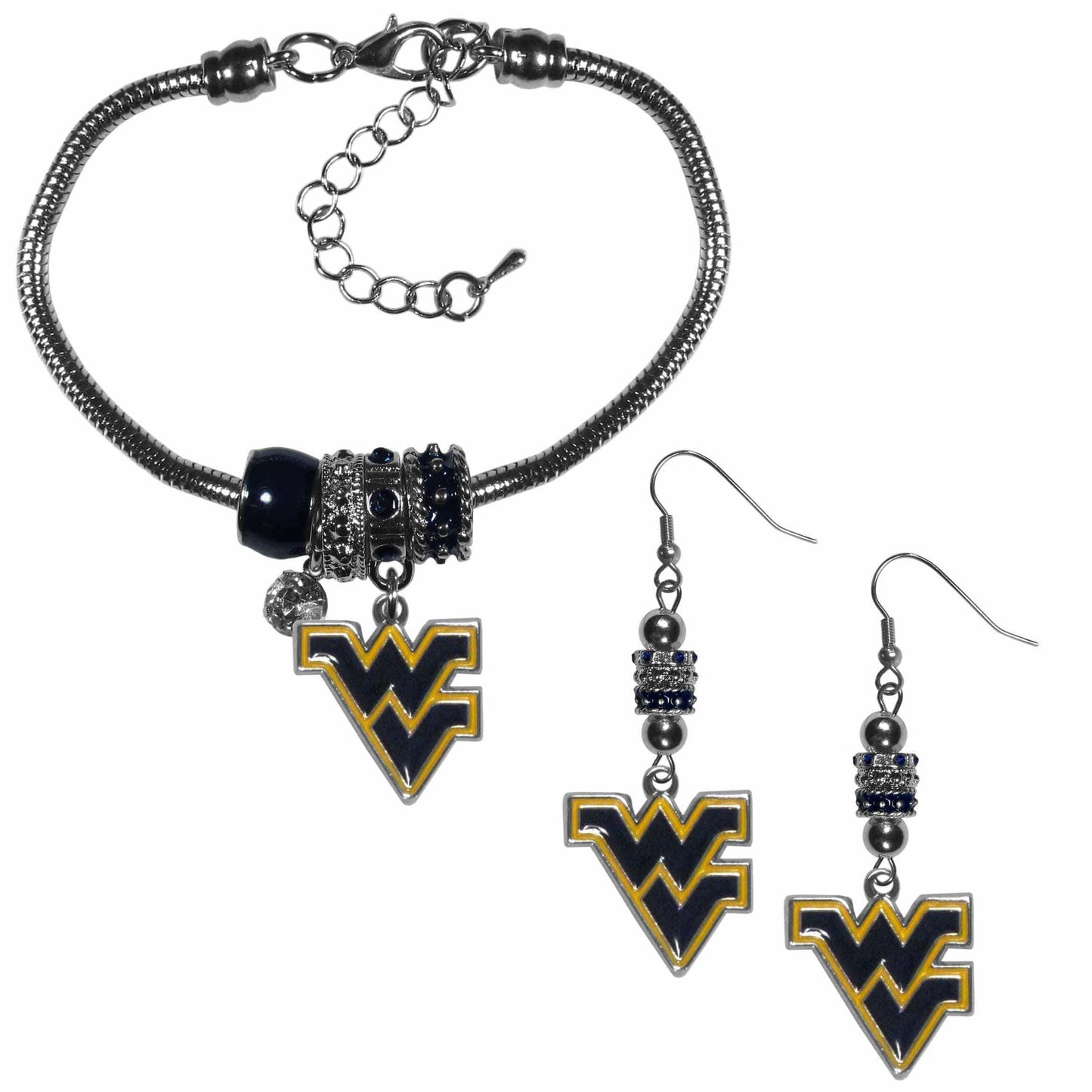 W. Virginia Mountaineers Euro Bead Earrings and Bracelet Set - Siskiyou Buckle - Flyclothing LLC