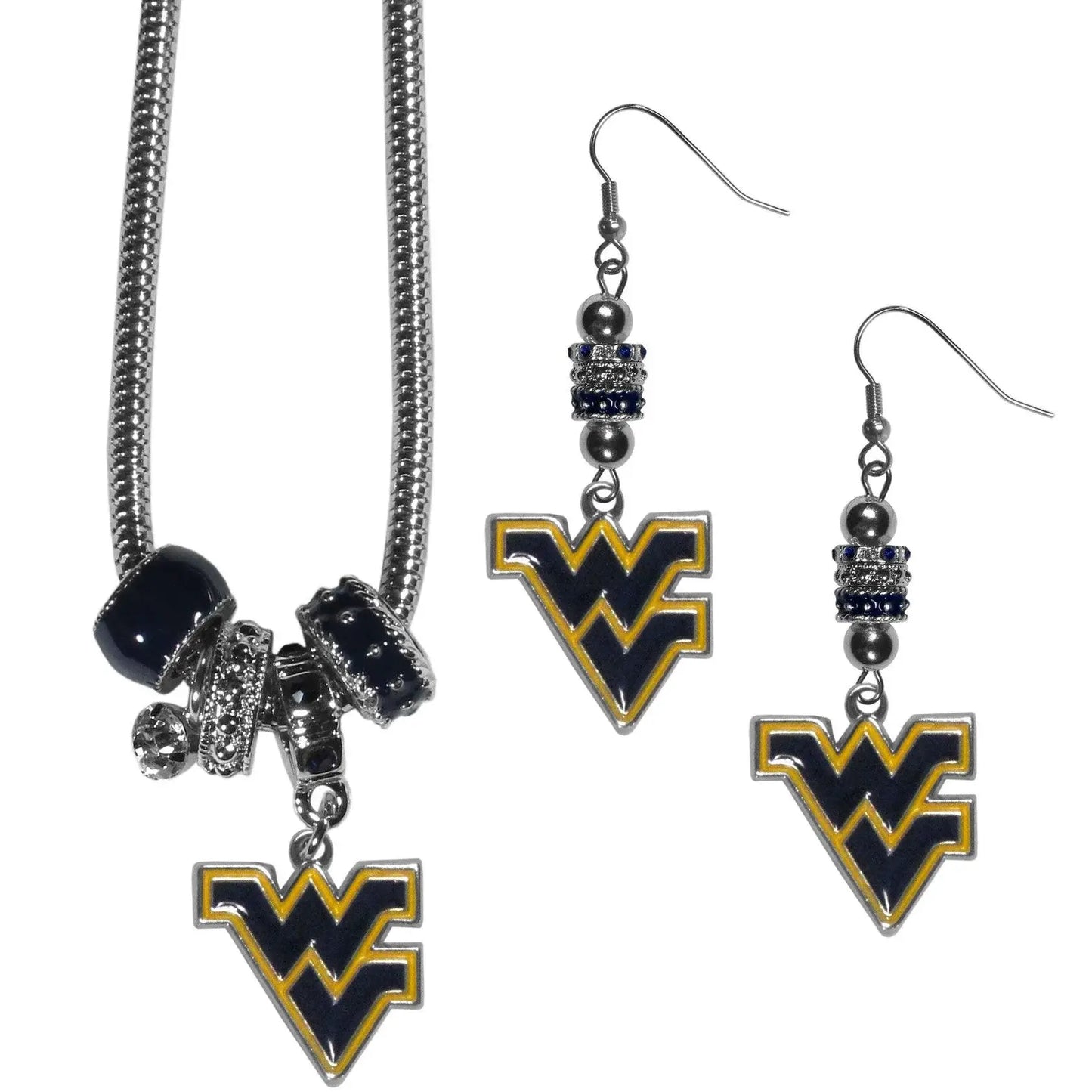 W. Virginia Mountaineers Euro Bead Earrings and Necklace Set - Siskiyou Buckle - Flyclothing LLC