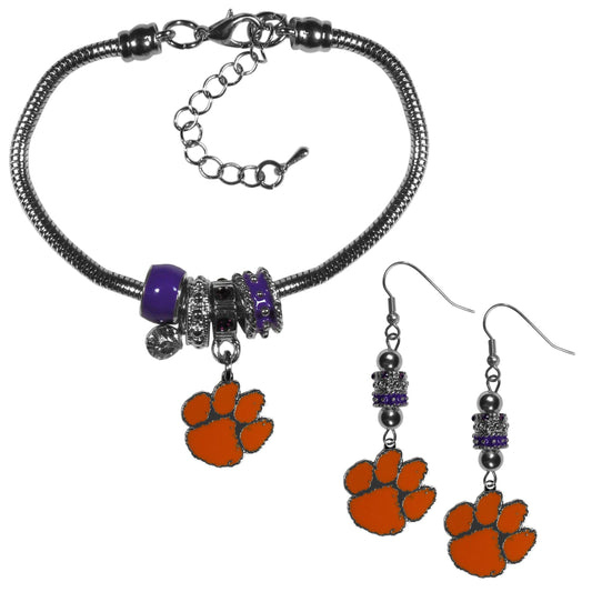 Clemson Tigers Euro Bead Earrings and Bracelet Set - Flyclothing LLC