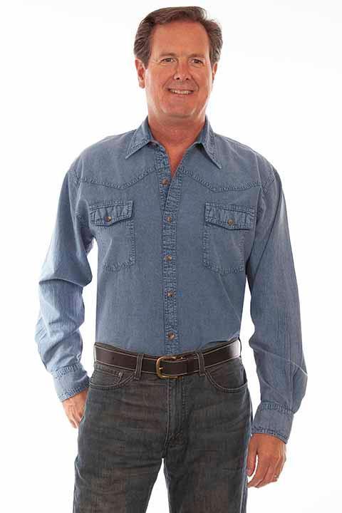 Scully Leather 100% Cotton Lt Washed Denim Men's Western Yoke/2 Pocket Shirt - Scully Leather