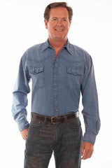 Scully Leather 100% Cotton Lt Washed Denim Men's Western Yoke/2 Pocket Shirt - Scully Leather