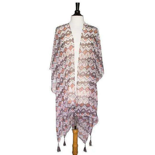 Grey Gena Geometric Print Shawl Cover Up With Tassels - JGI - Flyclothing LLC