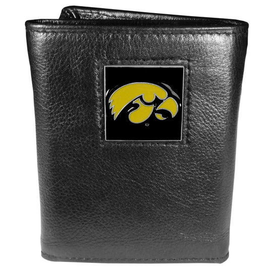 Iowa Hawkeyes Deluxe Leather Tri-fold Wallet Packaged in Gift Box - Siskiyou Buckle