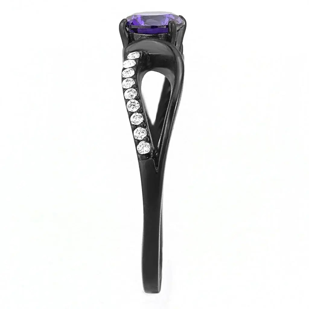 Alamode IP Black(Ion Plating) Stainless Steel Ring with AAA Grade CZ in Amethyst - Alamode - Flyclothing LLC