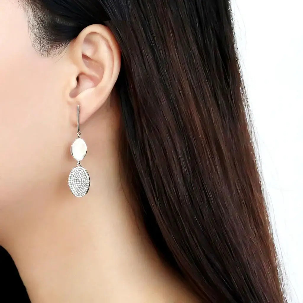 Alamode High polished (no plating) Stainless Steel Earrings with AAA Grade CZ in Clear - Alamode - Flyclothing LLC
