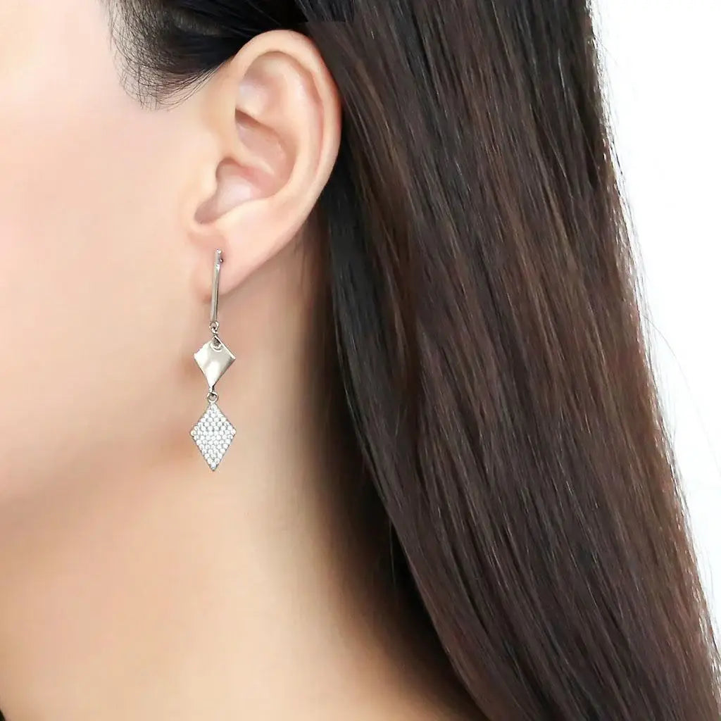 Alamode High polished (no plating) Stainless Steel Earrings with AAA Grade CZ in Clear - Alamode - Flyclothing LLC
