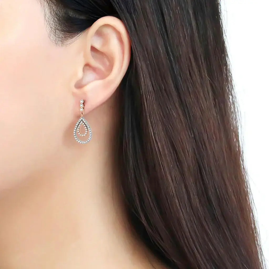 Alamode Two-Tone IP Rose Gold Stainless Steel Earrings with AAA Grade CZ in Clear - Alamode - Flyclothing LLC