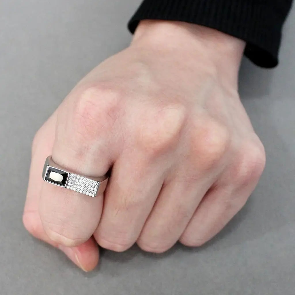 Alamode High polished (no plating) Stainless Steel Ring with AAA Grade CZ in Black Diamond - Alamode - Flyclothing LLC
