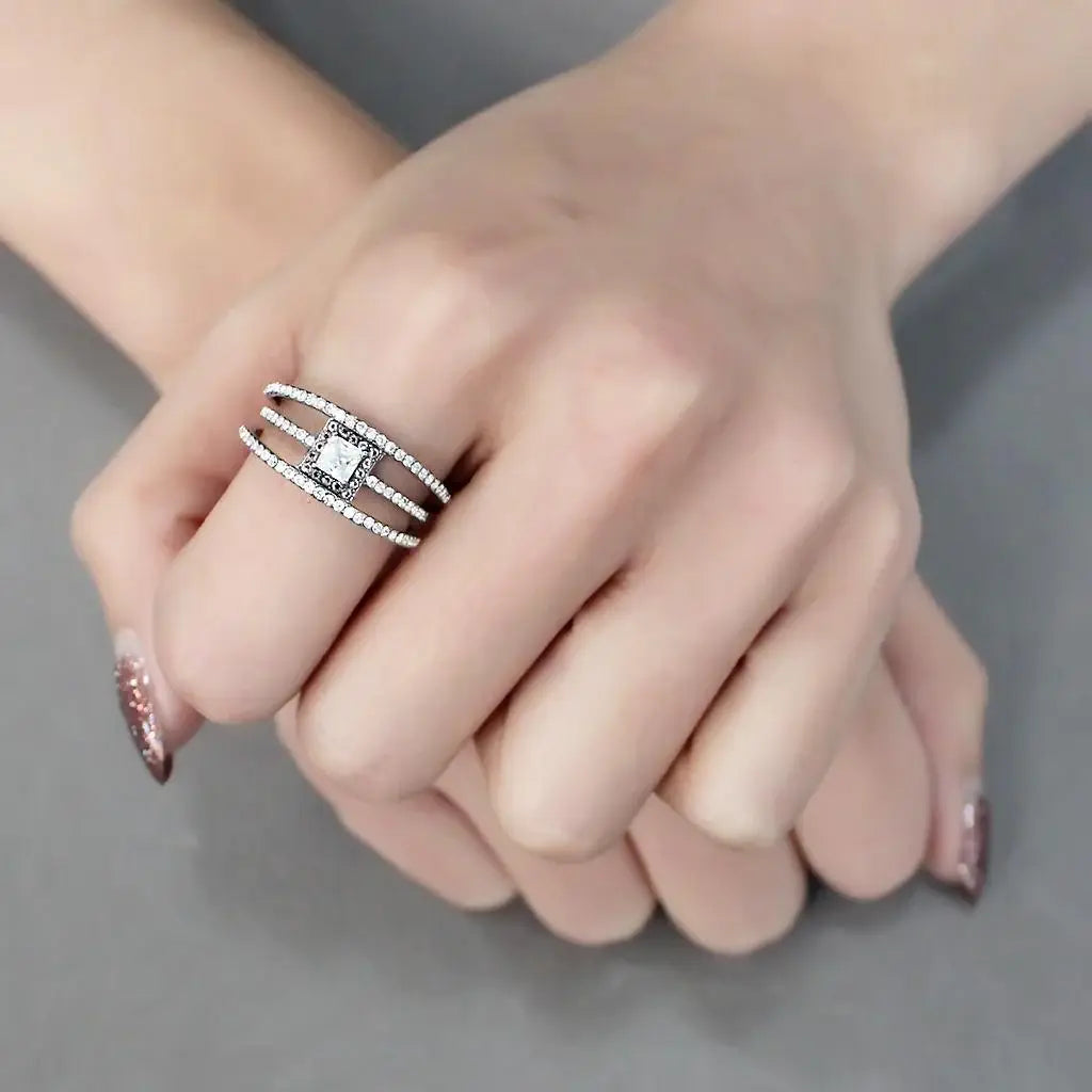 Alamode High polished (no plating) Stainless Steel Ring with AAA Grade CZ in Clear - Alamode - Flyclothing LLC