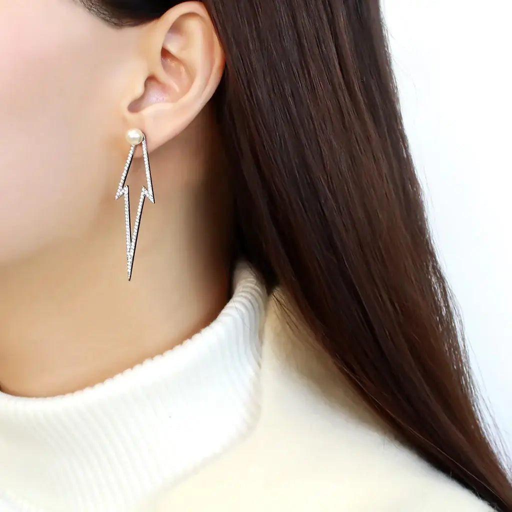 Alamode High polished (no plating) Stainless Steel Earrings with Synthetic in White - Alamode - Flyclothing LLC