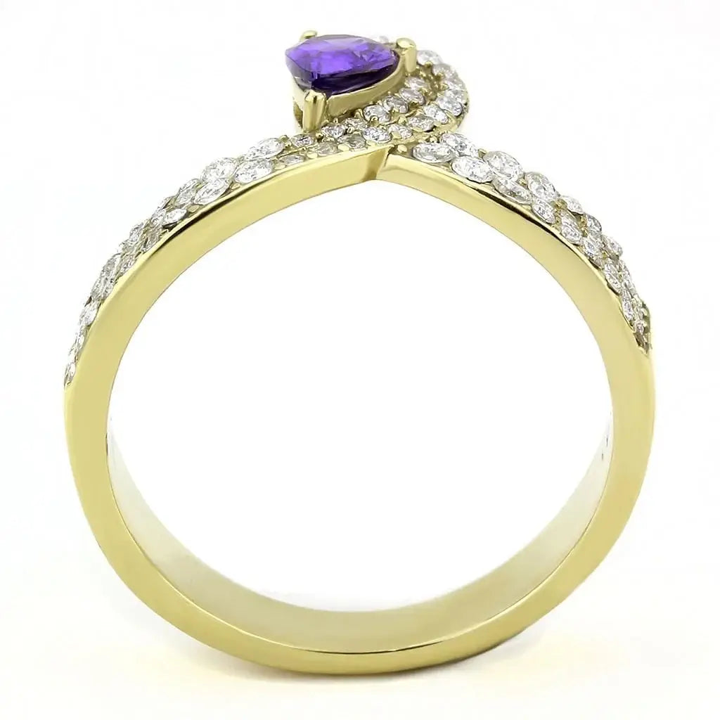 Alamode IP Gold(Ion Plating) Stainless Steel Ring with AAA Grade CZ in Tanzanite - Alamode - Flyclothing LLC
