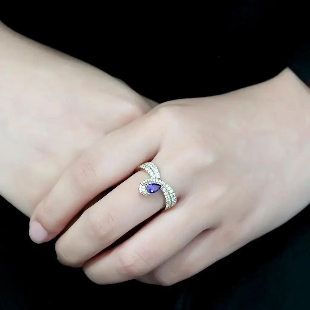 Alamode IP Gold(Ion Plating) Stainless Steel Ring with AAA Grade CZ in Tanzanite - Alamode - Flyclothing LLC