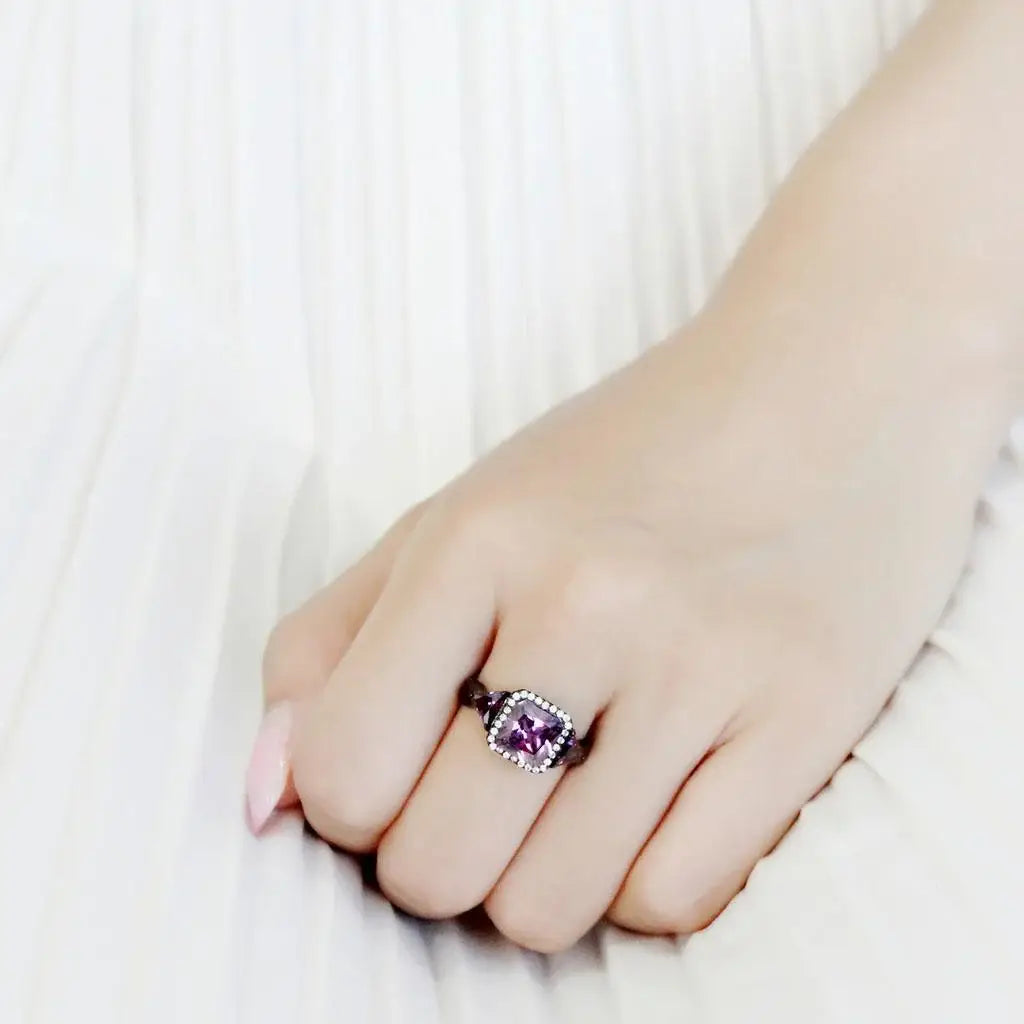 Alamode IP Black(Ion Plating) Stainless Steel Ring with AAA Grade CZ in Amethyst - Alamode - Flyclothing LLC
