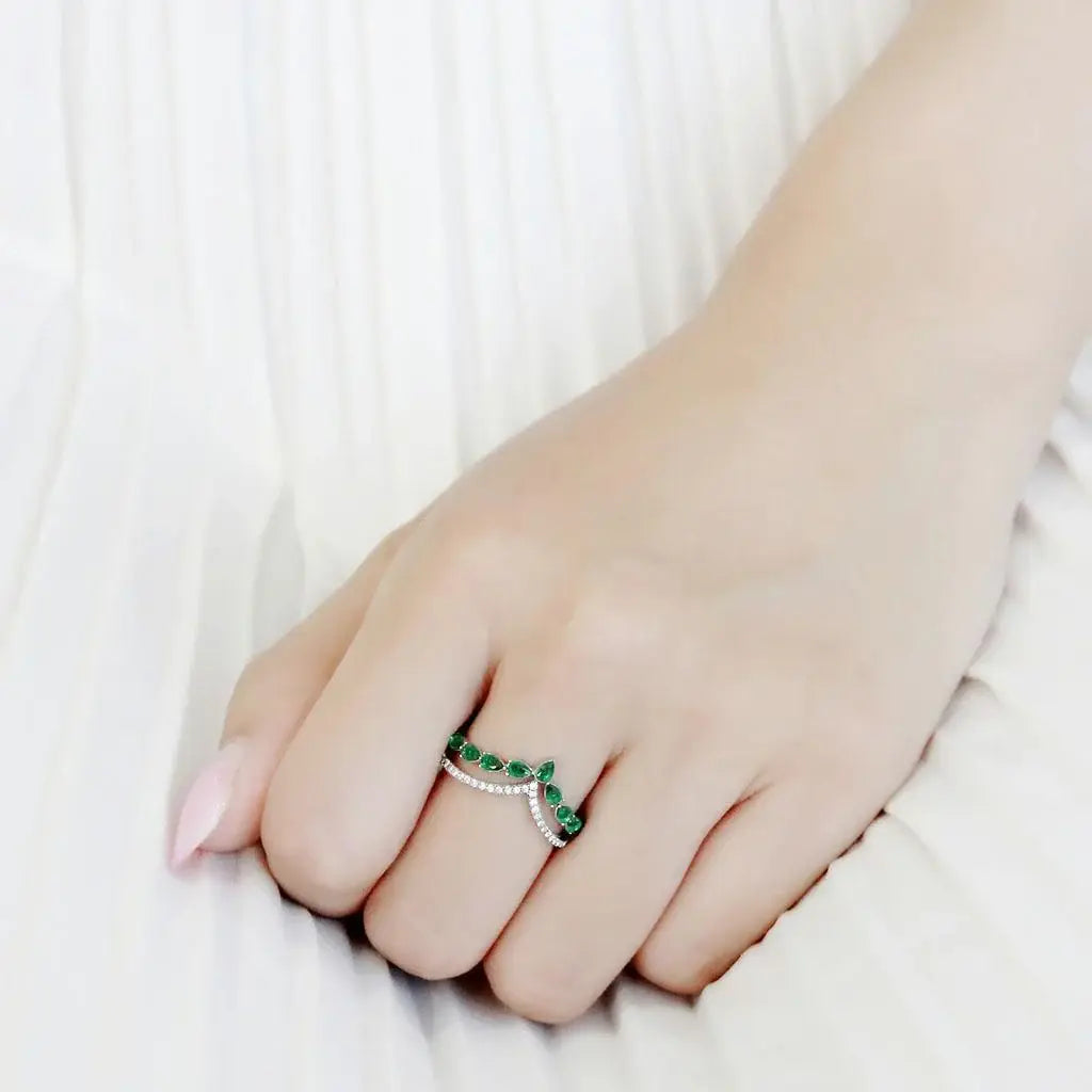 Alamode High polished (no plating) Stainless Steel Ring with Synthetic Synthetic Glass in Emerald - Alamode - Flyclothing LLC