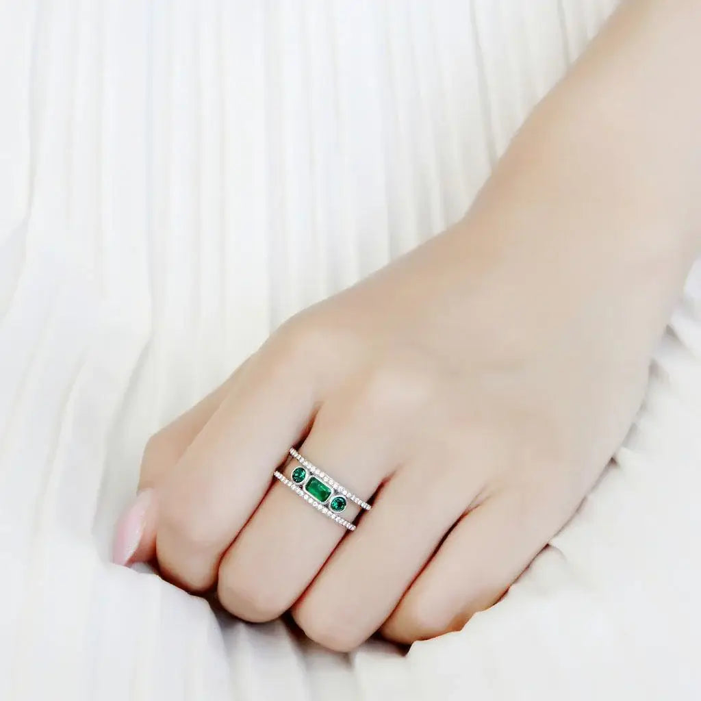 Alamode High polished (no plating) Stainless Steel Ring with Synthetic Synthetic Glass in Emerald - Alamode - Flyclothing LLC