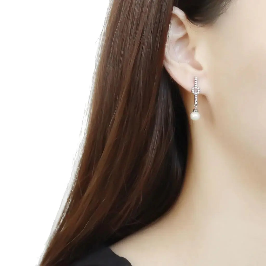 Alamode High polished (no plating) Stainless Steel Earrings with Synthetic Pearl in White - Alamode - Flyclothing LLC