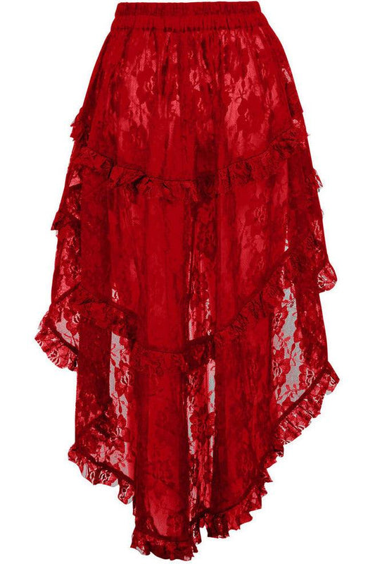 Daisy Corsets Red Lace Ruched Front High Low Lace Skirt - Daisy Corsets