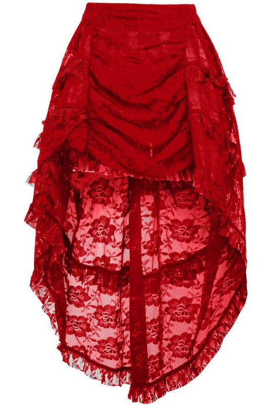 Daisy Corsets Red Lace Ruched Front High Low Lace Skirt - Daisy Corsets