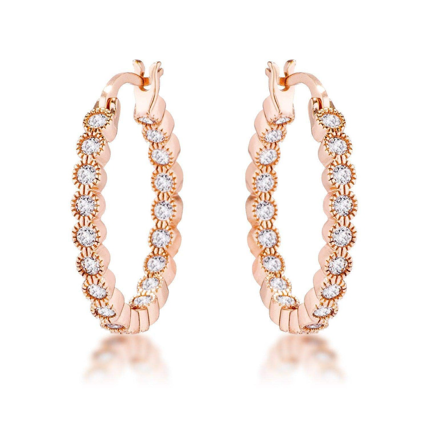 Rose Gold Plated Dotted Clear CZ Round Bezel Hoop Earrings - JGI - Flyclothing LLC