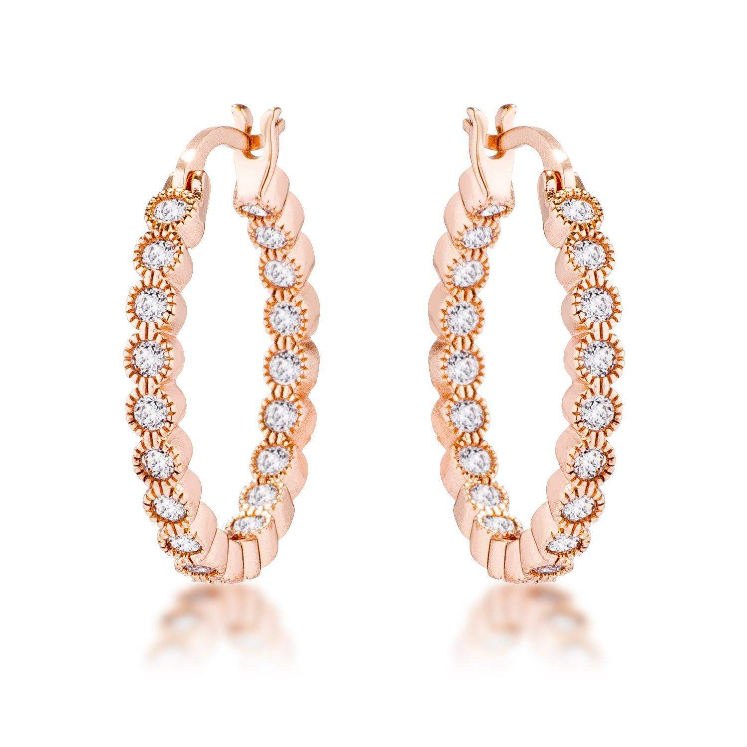 Rose Gold Plated Dotted Clear CZ Round Bezel Hoop Earrings - JGI - Flyclothing LLC