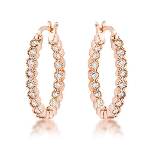 Rose Gold Plated Dotted Clear CZ Round Bezel Hoop Earrings - JGI - Flyclothing LLC