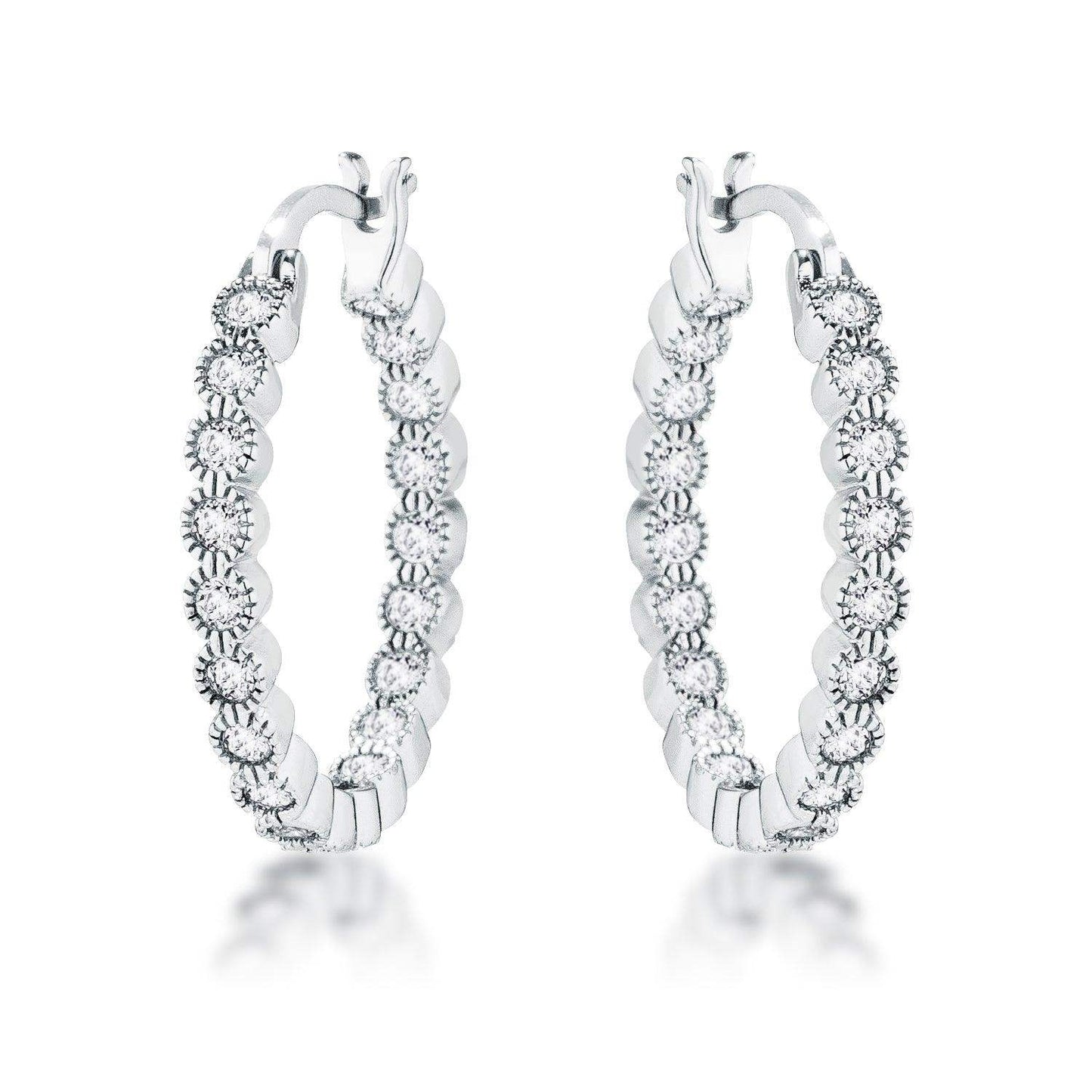 Rhodium Plated Dotted Clear CZ Round Bezel Hoop Earrings - JGI - Flyclothing LLC
