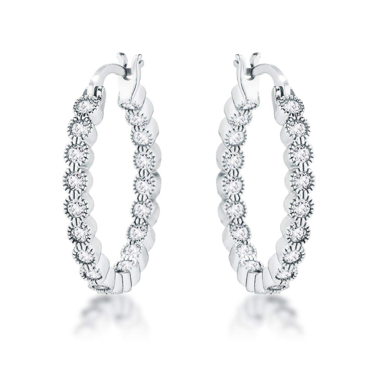 Rhodium Plated Dotted Clear CZ Round Bezel Hoop Earrings - JGI - Flyclothing LLC