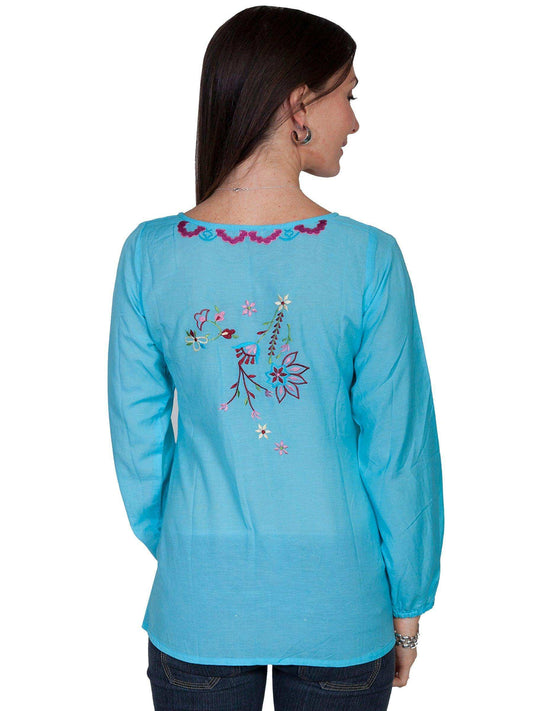 Scully TURQUOISE L/S BUTTON UP PEASANT BLOUSE W/EMB - Scully Leather - Flyclothing LLC