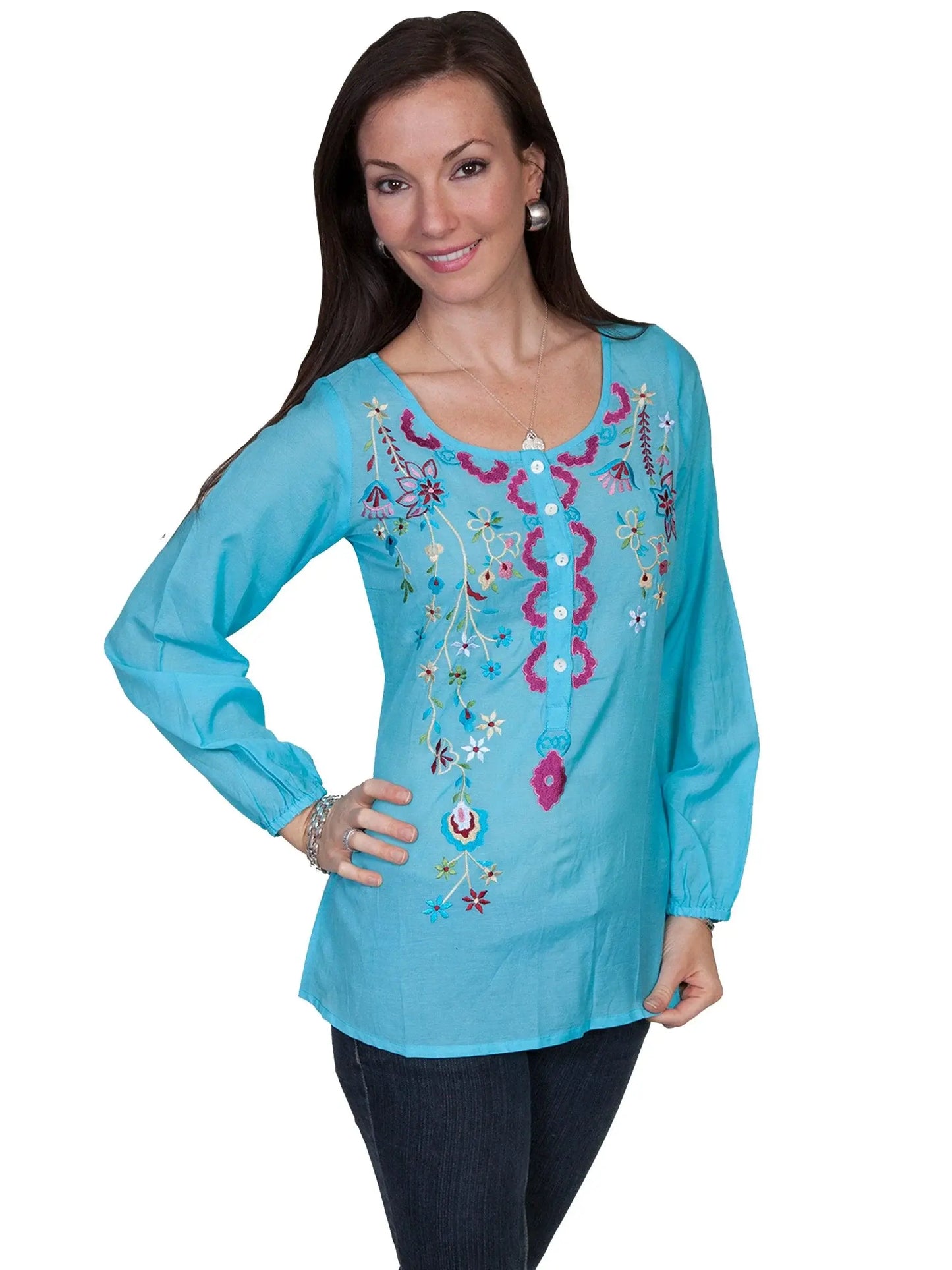 Scully TURQUOISE L/S BUTTON UP PEASANT BLOUSE W/EMB - Scully Leather - Flyclothing LLC