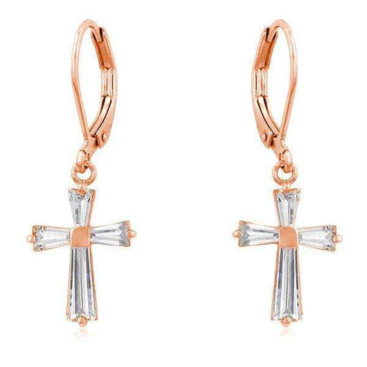 Rose Gold Plated CZ Cross Drop Earrings - JGI - Flyclothing LLC
