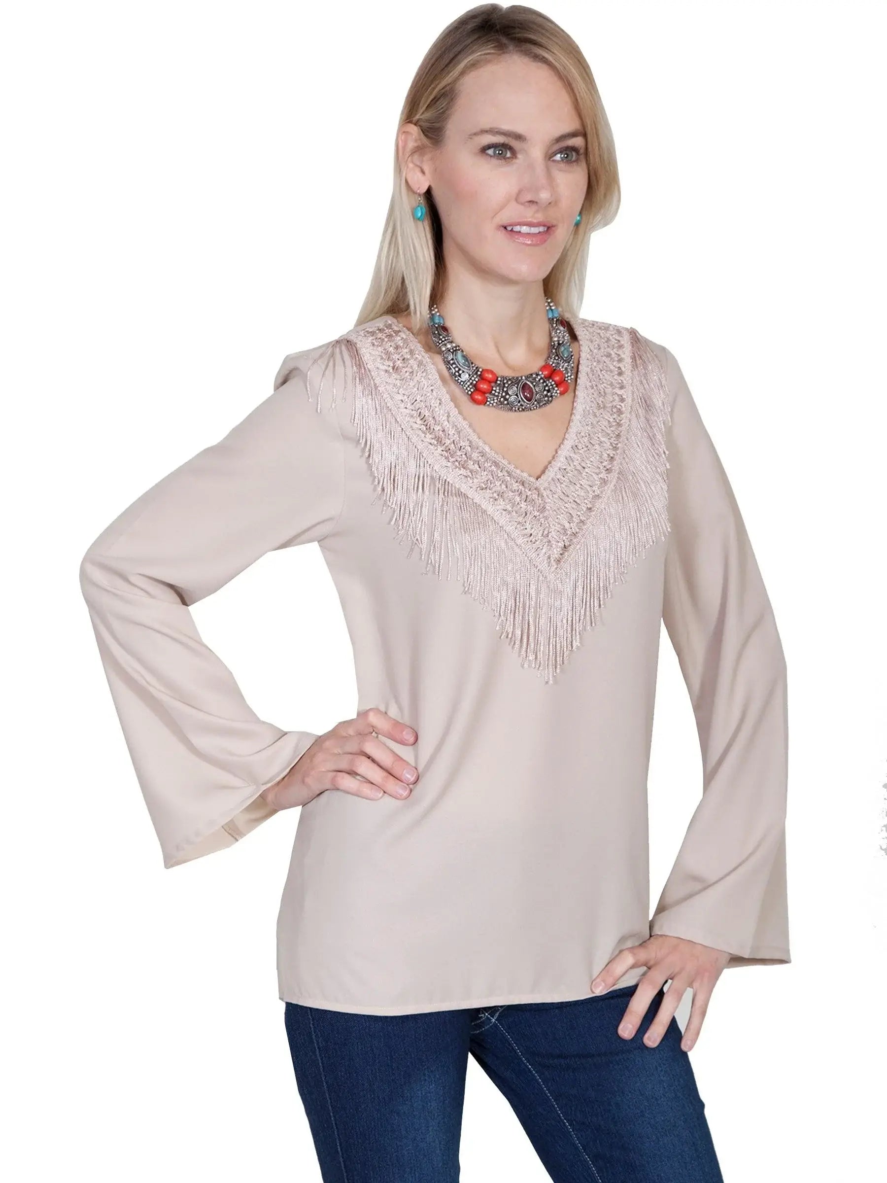 Scully STONE V-NECK BLOUSE W/FRINGE & BELLSLEEVES - Scully Leather - Flyclothing LLC