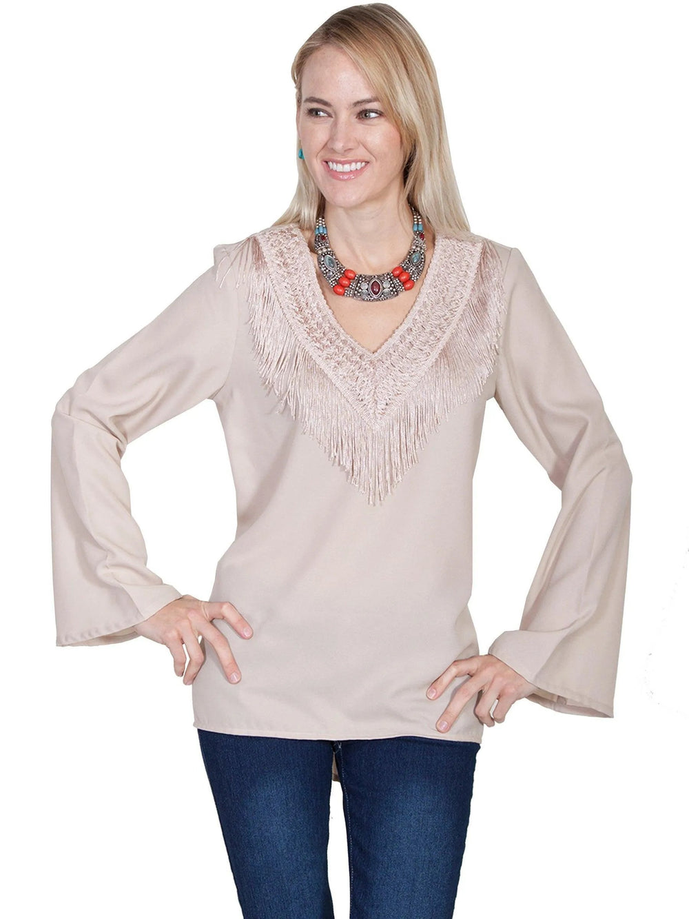 Scully STONE V-NECK BLOUSE W/FRINGE & BELLSLEEVES - Scully Leather