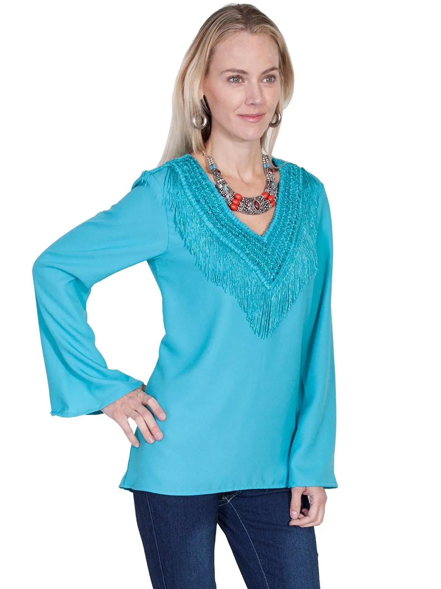 Scully TURQUOISE V-NECK BLOUSE W/FRINGE & BELLSLEEVES - Scully Leather - Flyclothing LLC