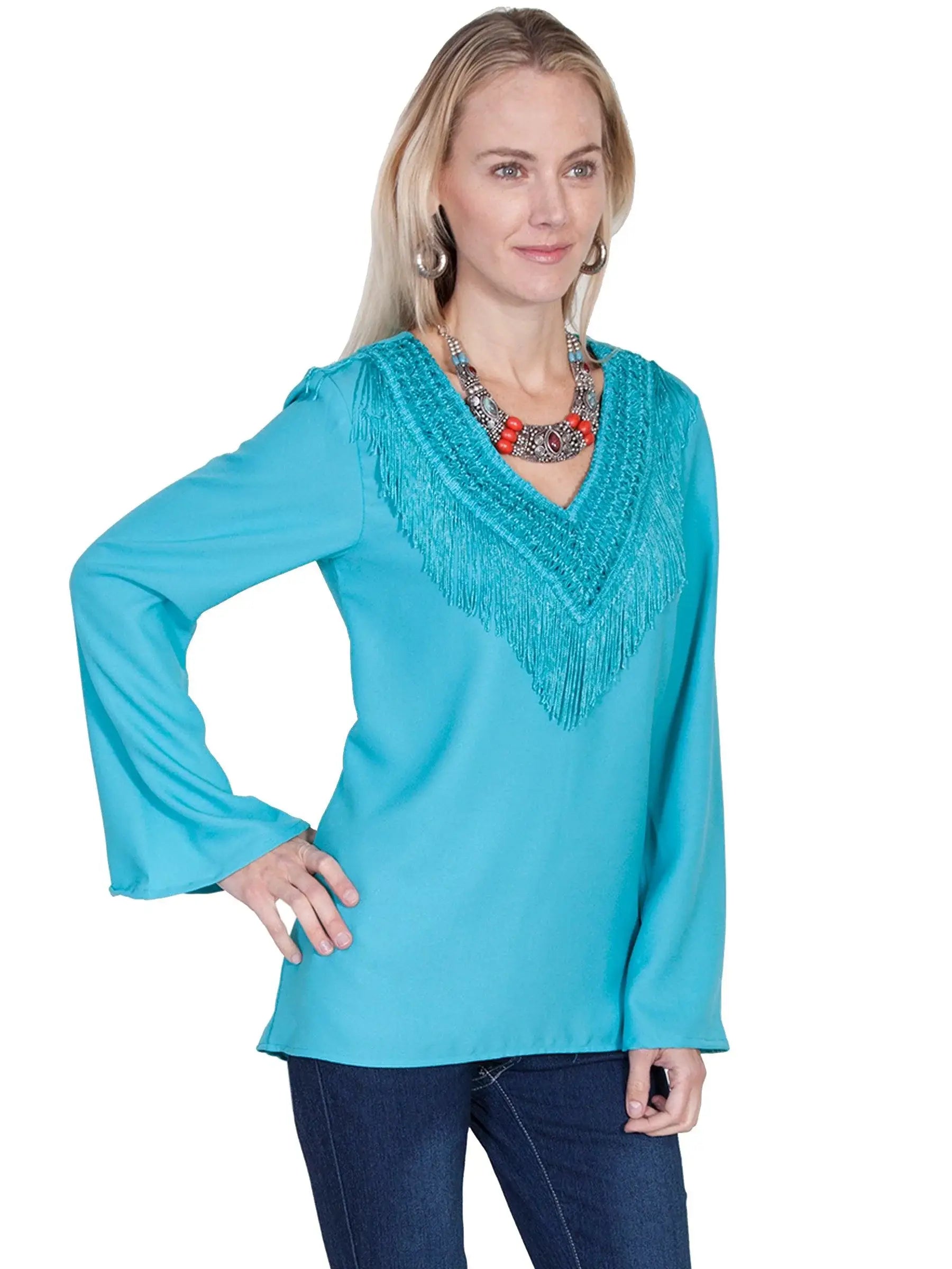 Scully TURQUOISE V-NECK BLOUSE W/FRINGE & BELLSLEEVES - Scully Leather - Flyclothing LLC
