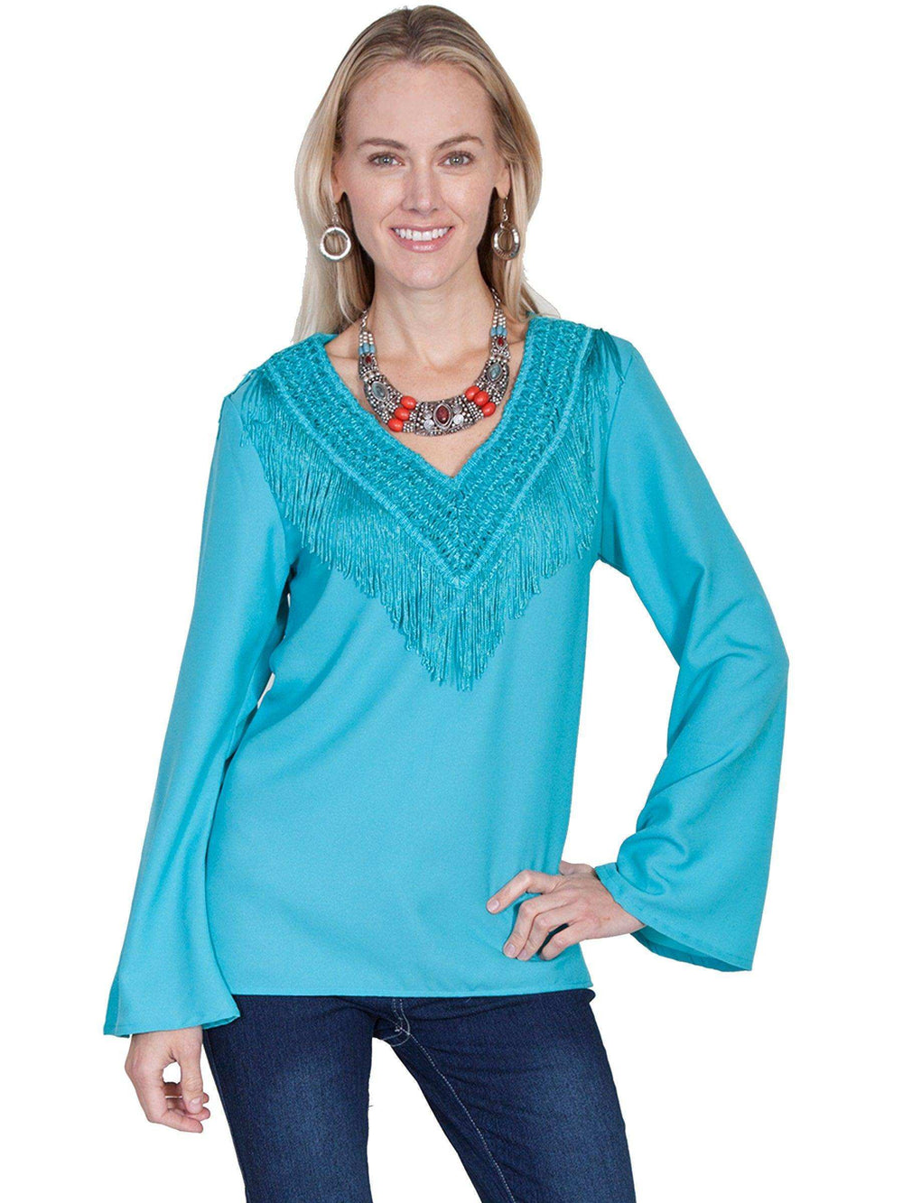 Scully TURQUOISE V-NECK BLOUSE W/FRINGE & BELLSLEEVES - Scully Leather - Flyclothing LLC
