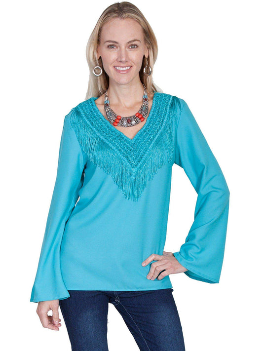 Scully TURQUOISE V-NECK BLOUSE W/FRINGE & BELLSLEEVES - Scully Leather - Flyclothing LLC
