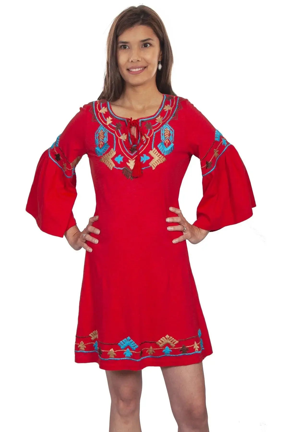 Scully Leather Coral Emb. Tulip Seeve Dress W/Neck Tie Women Dress - Scully Leather - Flyclothing LLC