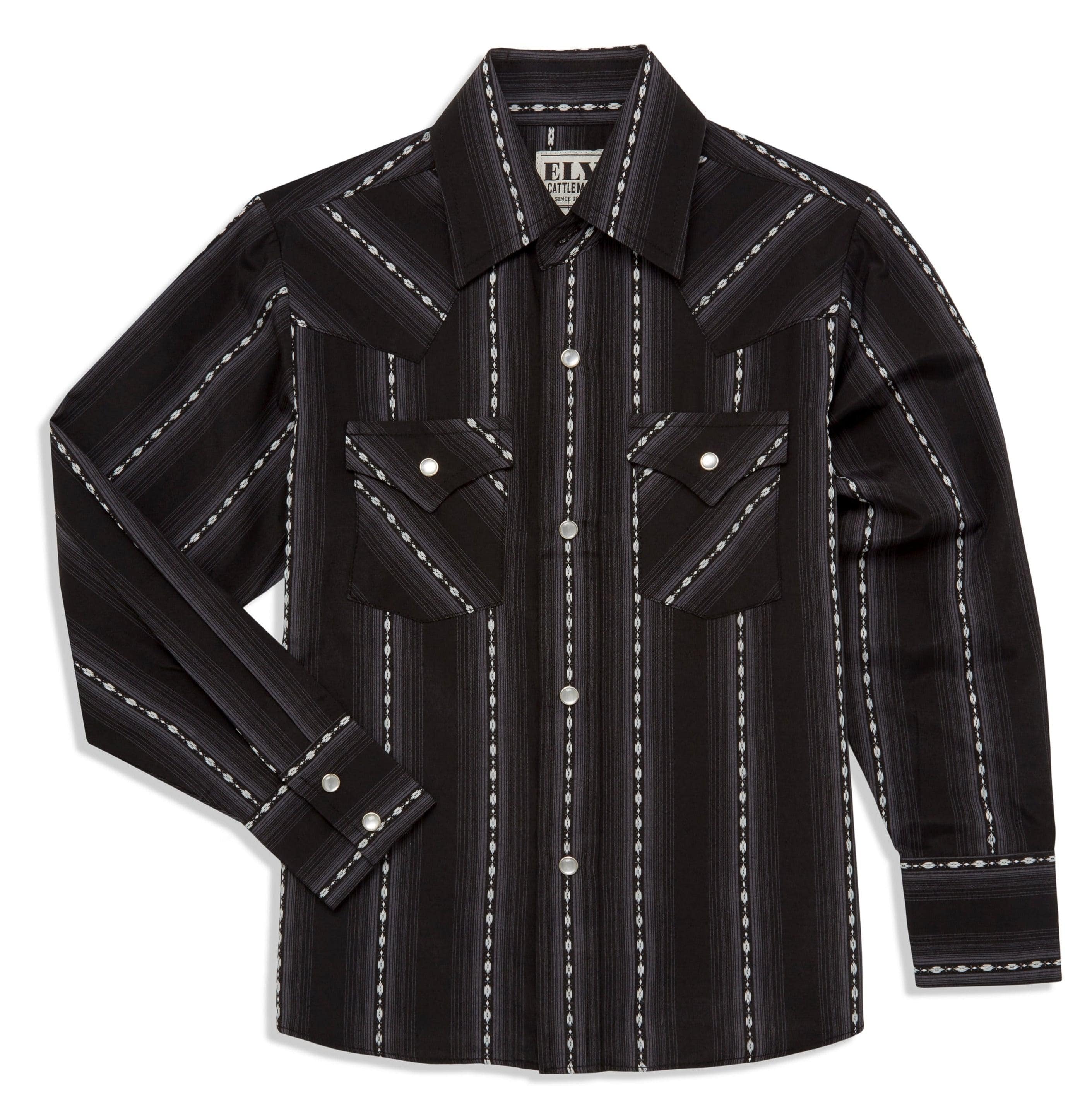 Ely Cattleman Boys Long Sleeve Textured Aztec Stripe Western Snap Shirt Black & Navy - Ely Cattleman