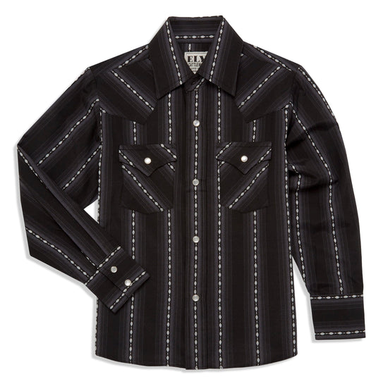 Ely Cattleman Boys Long Sleeve Textured Aztec Stripe Western Snap Shirt Black & Navy - Ely Cattleman