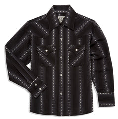 Ely Cattleman Boys Long Sleeve Textured Aztec Stripe Western Snap Shirt Black & Navy