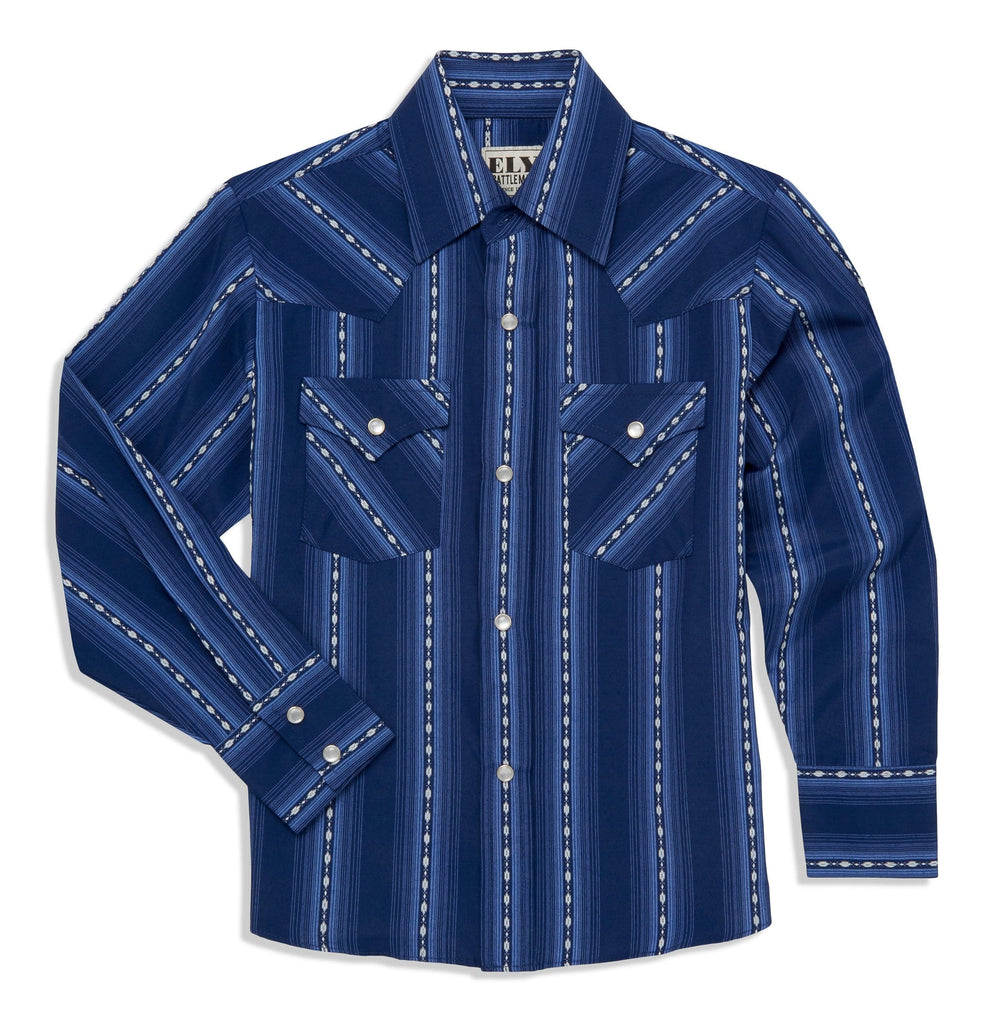 Ely Cattleman Boys Long Sleeve Textured Aztec Stripe Western Snap Shirt Black & Navy - Ely Cattleman