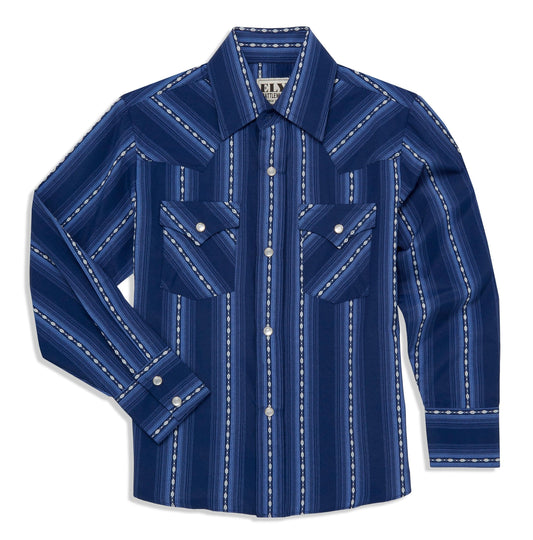 Ely Cattleman Boys Long Sleeve Textured Aztec Stripe Western Snap Shirt Black & Navy - Ely Cattleman