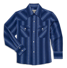 Ely Cattleman Boys Long Sleeve Textured Aztec Stripe Western Snap Shirt Black & Navy - Ely Cattleman