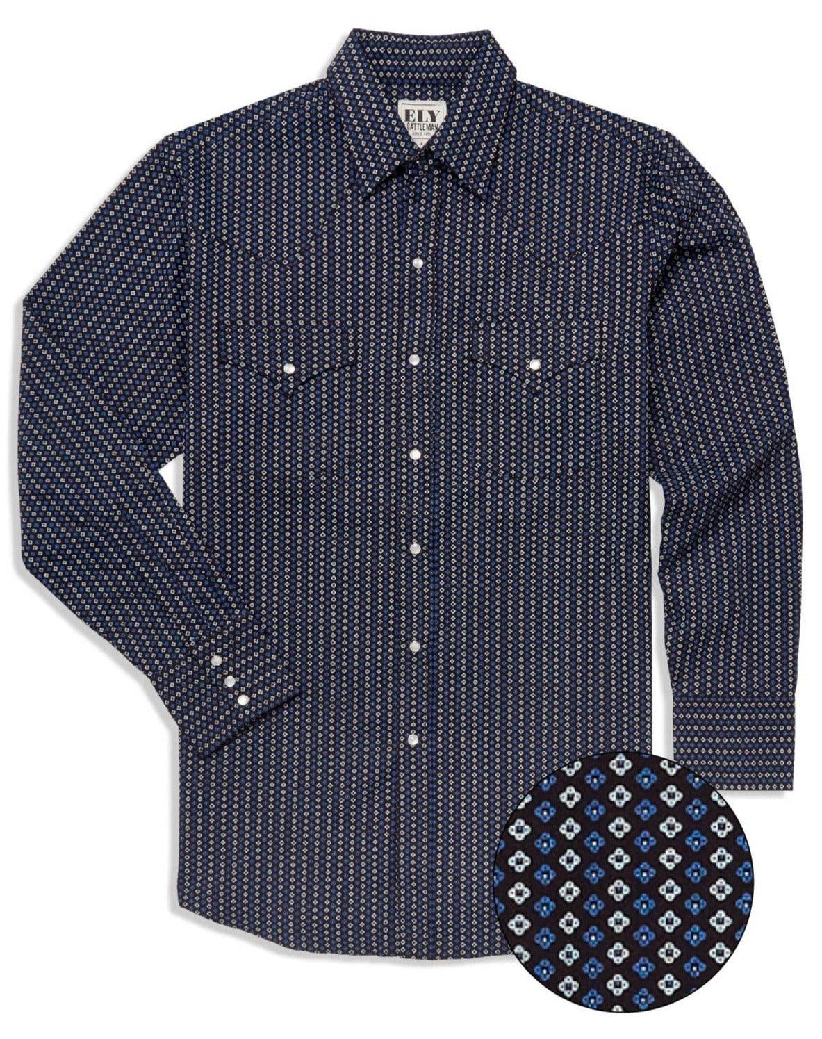 Ely Cattleman Mens Long Sleeve Geo Print Western Snap Shirt Black & Burgundy - Ely Cattleman