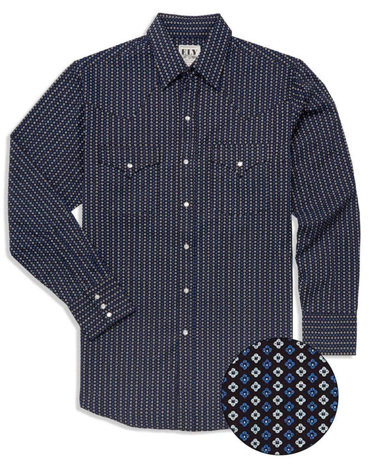Ely Cattleman Mens Long Sleeve Geo Print Western Snap Shirt Black & Burgundy - Ely Cattleman