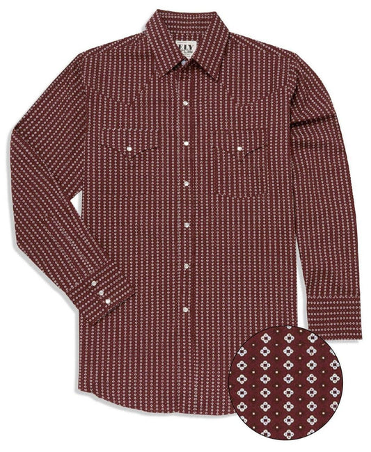 Ely Cattleman Mens Long Sleeve Geo Print Western Snap Shirt Black & Burgundy - Ely Cattleman