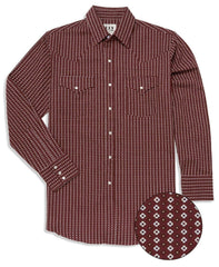 Ely Cattleman Mens Long Sleeve Geo Print Western Snap Shirt Black & Burgundy - Ely Cattleman