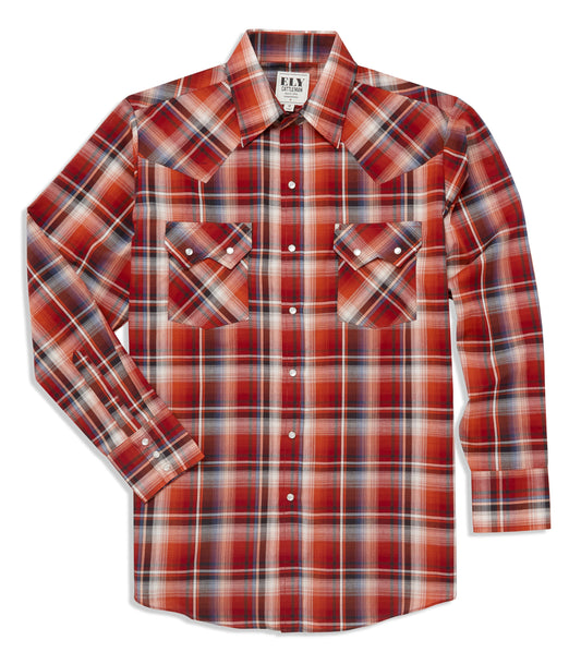 Ely Cattleman Long Sleeve Ombre Plaid Western Snap Shirt- Blue & Rust
